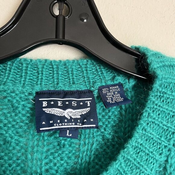 Vintage 80s 90s Chunky Cable Knit Fisherman Mohair Blend Sweater L Emerald Green - Picture 2 of 5